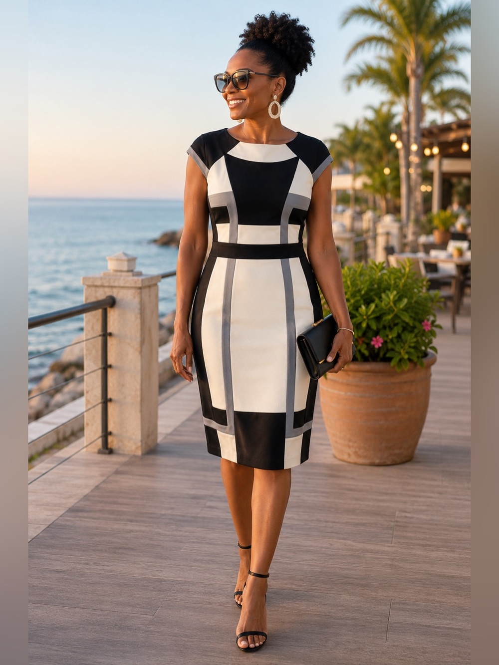 Jax Black, Ivory & Gray Colorblock Midi Dress